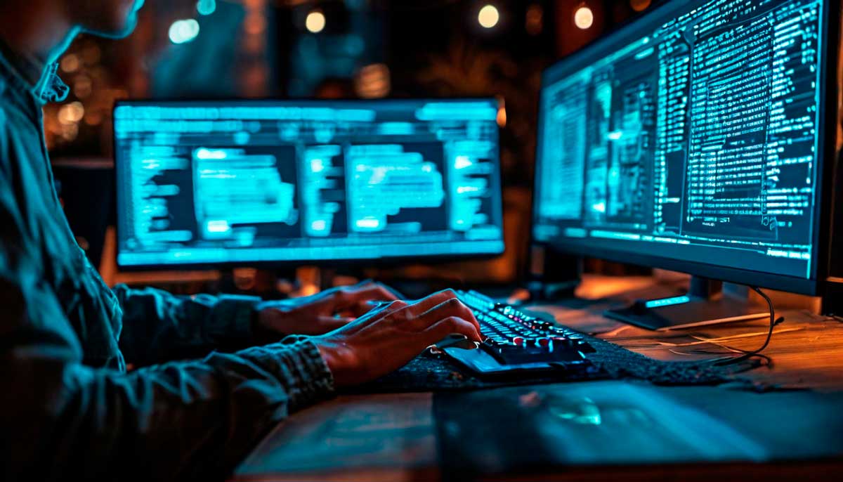 A hacker in a dimly lit room surrounded by glowing screens displaying intercepted text messages