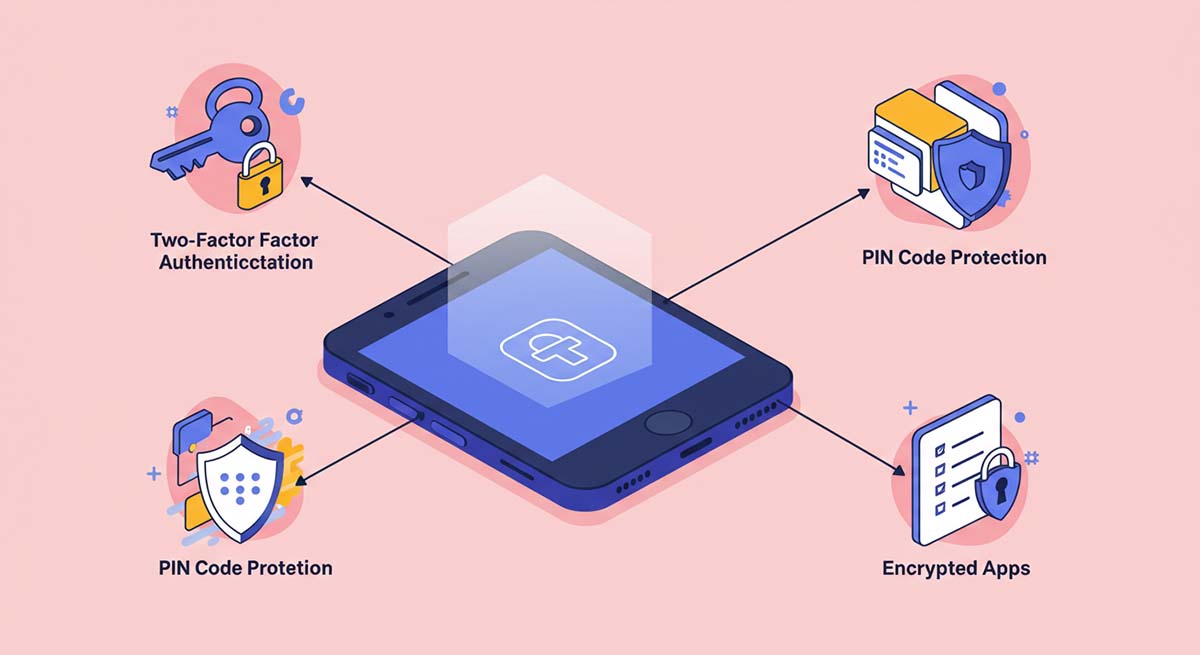 Mobile security infographic with PIN and encryption icons